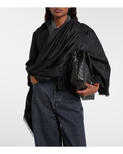 Gucci Black Gg Silk And Wool Jacquard Scarf