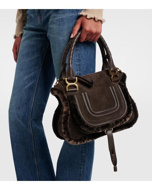 Chloé Black Marcie Small Shearling-Trimmed Suede Tote Bag