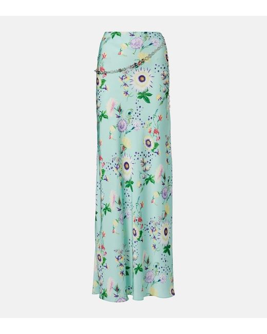 Rabanne Green Chain-Detail Floral Satin Maxi Skirt