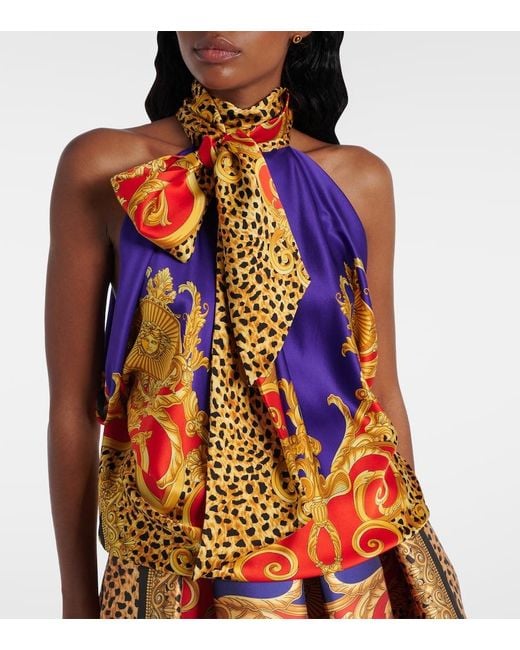 Versace Blue Bow-Detail Printed Silk Satin Top