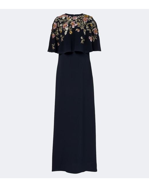 Oscar de la Renta Blue Embellished Silk-Blend Georgette Gown