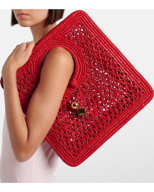 Jacquemus Red Spiaggia Small Raffia Top-Handle Bag