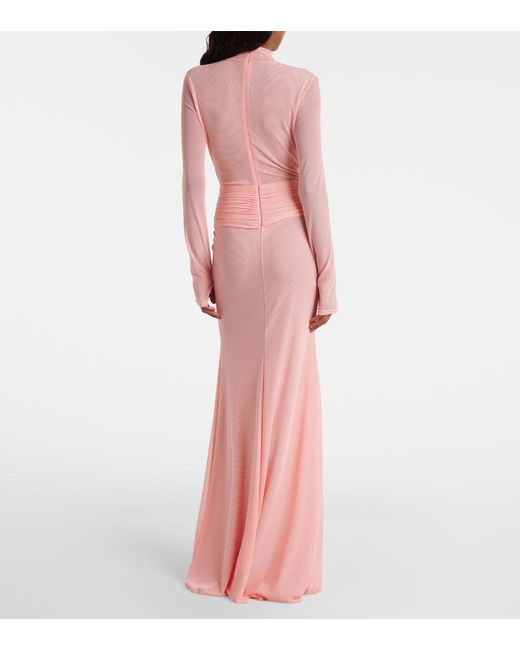 David Koma Pink Draped Floral-Applique Mesh Gown