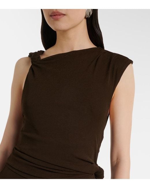 Ganni Brown Asymmetric Draped Mesh Midi Dress