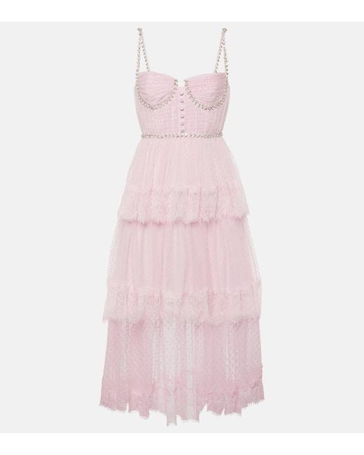 Self-Portrait Pink Embellished Lace-trimmed Mesh Midi Dress