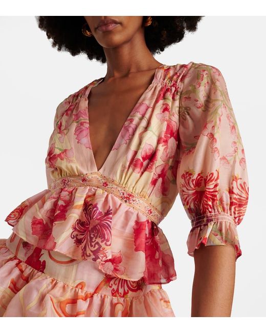 Vestido Largo De Algodon Y Seda Floral Camilla de color Red