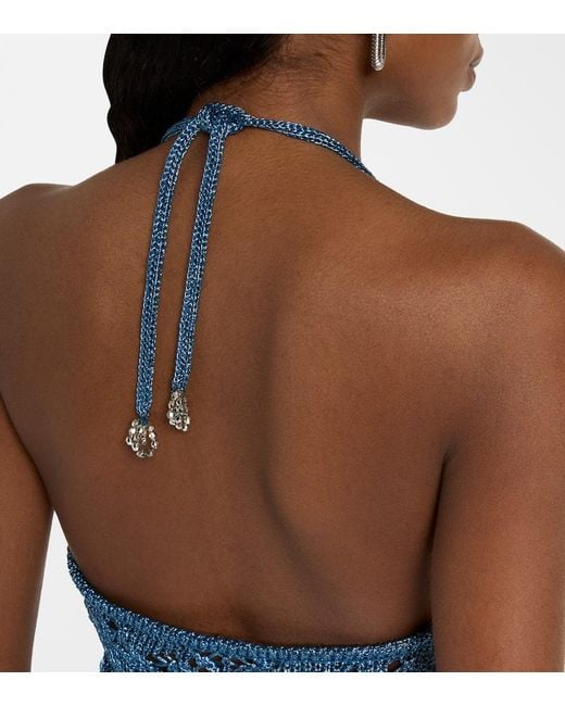 Rabanne Blue Verziertes Cropped-Top Aus Haekelstrick