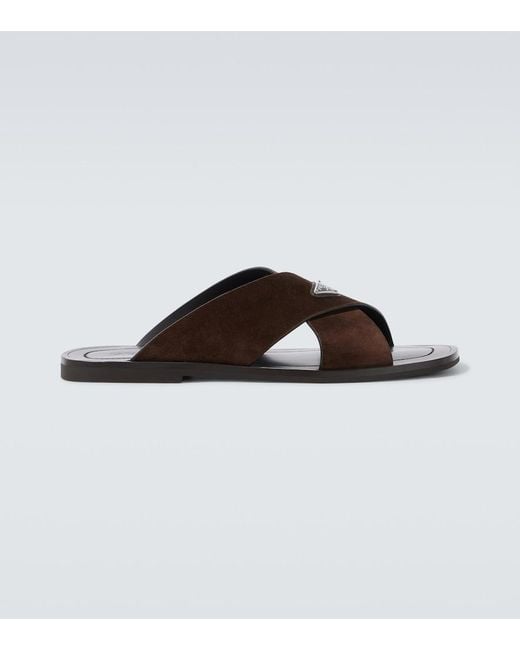 Prada Brown Logo Suede And Leather Sandals for men