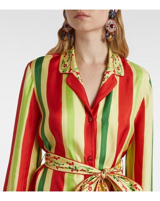 Dolce & Gabbana Red Belted Striped Silk Shirt