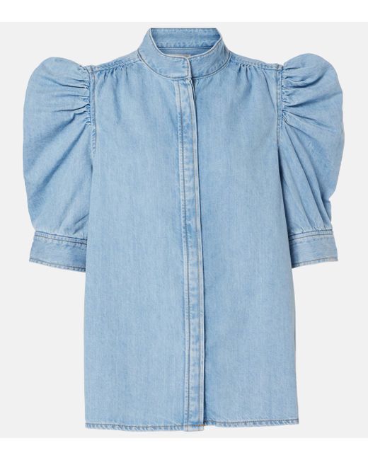 FRAME Blue Gillian Denim Puff-Sleeve Top