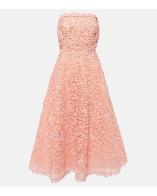 Carolina Herrera Pink Strapless Guipure Lace Midi Dress