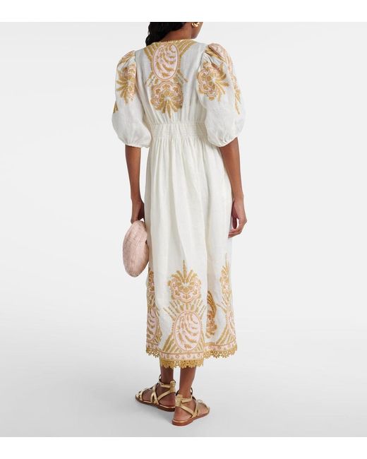 Zimmermann Natural Waverly Embroidered Linen Midi Dress