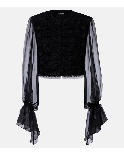 Balmain Black Silk-Trimmed Boucle Jacket