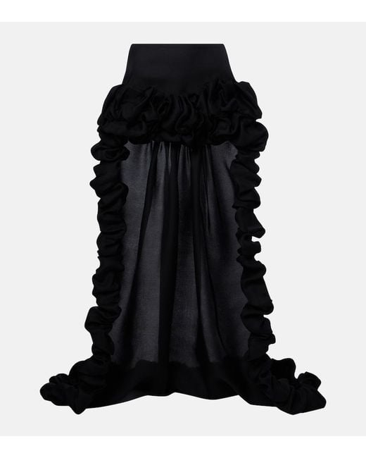 Saint Laurent Black Asymmetric Ruffled Silk Gazar Miniskirt