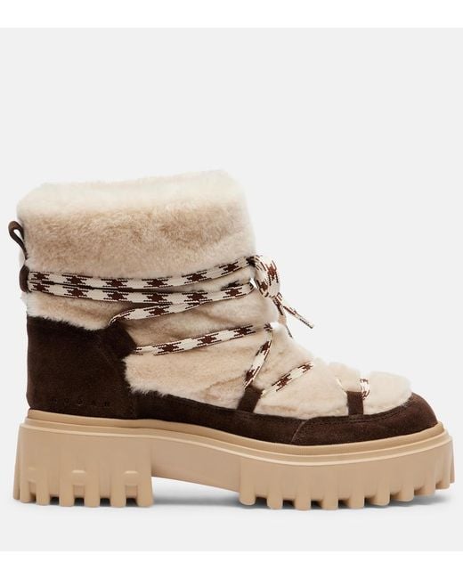 Hogan Natural Suede And Shearling Lace-Up Boots