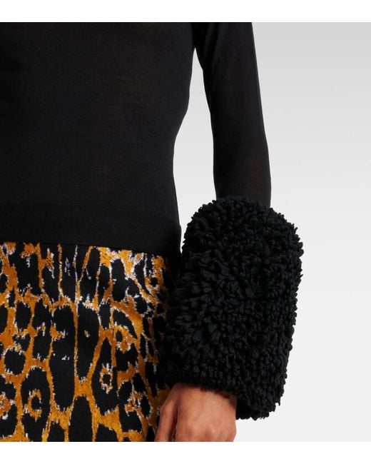 Alaïa Blue Faux Fur-Trimmed Wool Turtleneck Top