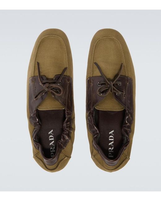Prada Brown Shuffle Leather-Trimmed Canvas Boat Shoes for men