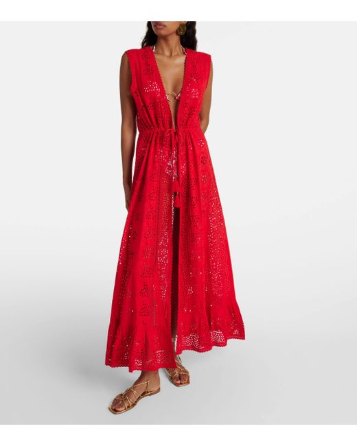 Melissa Odabash Red Tessa Broderie Anglaise Cotton Midi Dress
