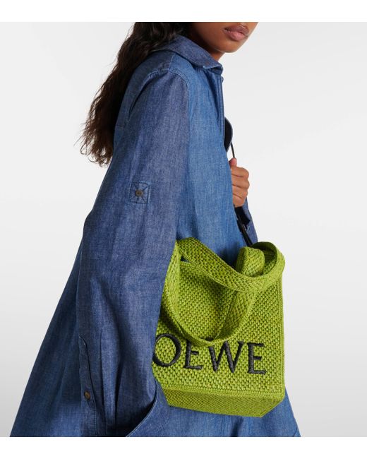 Loewe Green Paula's Ibiza Font Medium Raffia Tote Bag