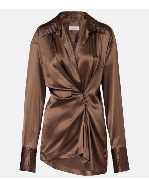 Dries Van Noten Brown Draped Silk-Blend Shirt