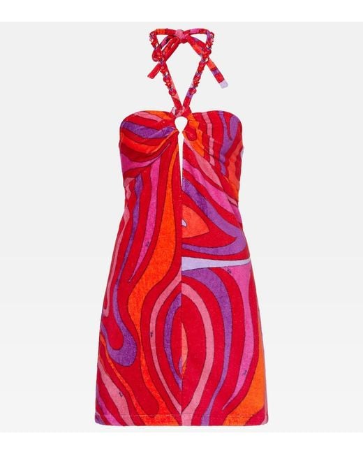 Emilio Pucci Red Marmo Embellished Cotton Terry Minidress