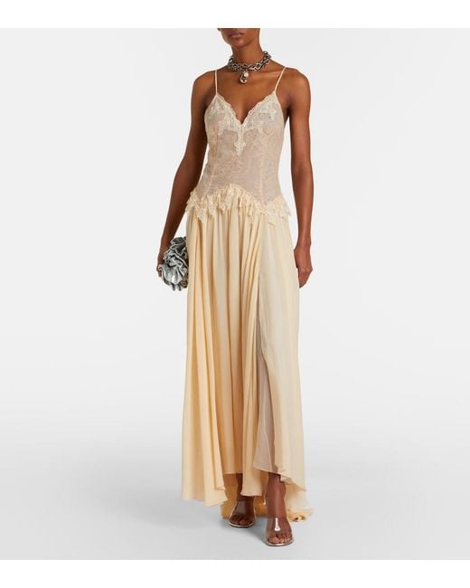 Blumarine Natural Lace-Trimmed Georgette Maxi Dress