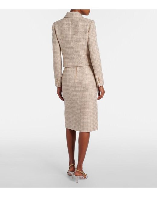 Elie Saab Natural Checked Sequined Tweed Midi Skirt