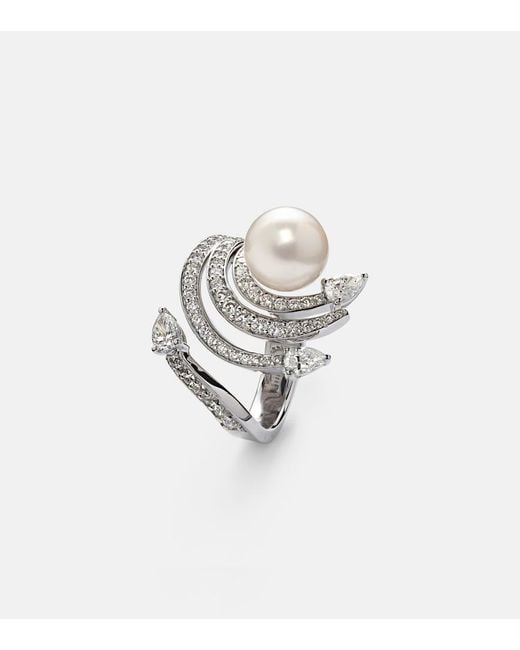 YEPREM White Pearlescent 18Kt Ring With Diamonds And Pearl