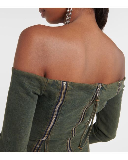 Blumarine Green Off-shoulder Denim Minidress
