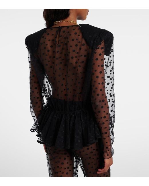 Chloé Black Polka-Dot Peplum Cotton-Blend Tulle Top
