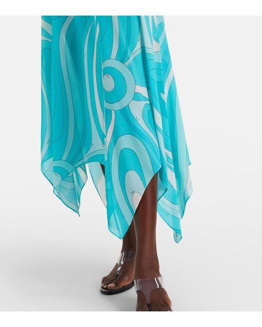 Emilio Pucci Blue Printed Silk Twill-Trimmed Crepe-Jersey Halterneck Midi Dress