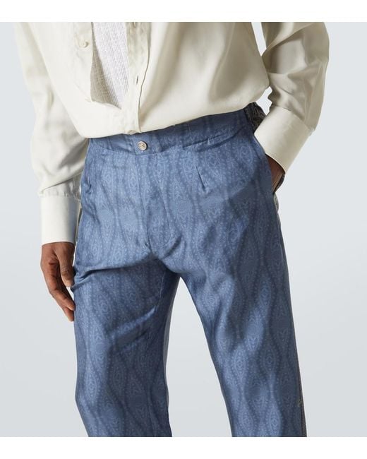 Etro Blue Slim-Fit Straight-Leg Printed Silk-Twill Trousers for men
