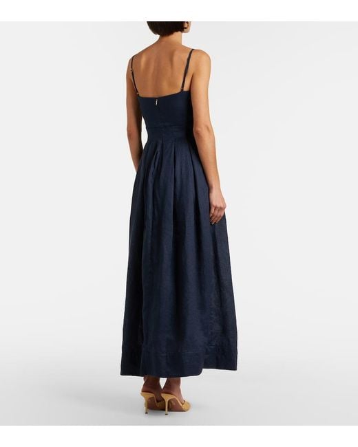Agua Bendita Blue Sula Floral-Applique Linen Maxi Dress