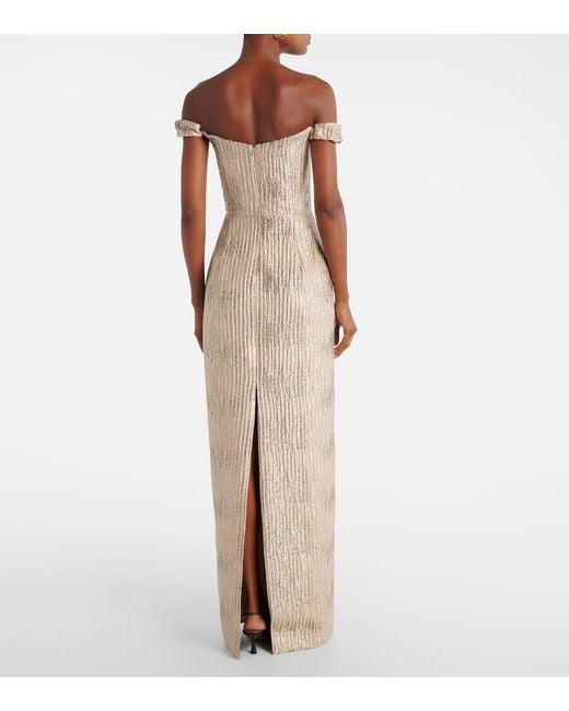 Markarian Natural Yolanda Off-Shoulder Brocade Gown