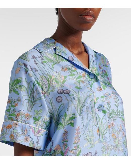 Gucci Blue Flora Silk Satin Polo Shirt