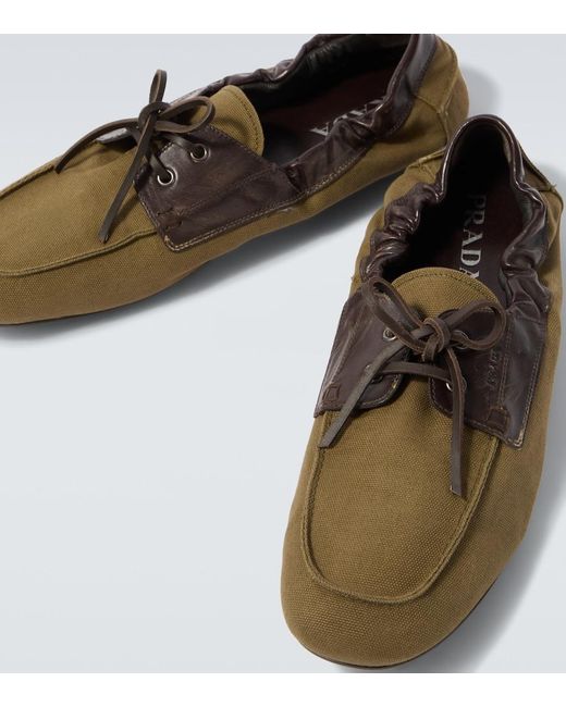 Prada Brown Shuffle Leather-Trimmed Canvas Boat Shoes for men