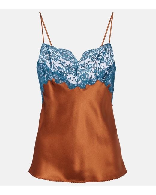 Saint Laurent Blue Lace-Trimmed Silk Satin Camisole