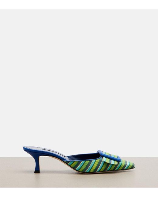 Manolo Blahnik Blue Maysalebi Striped Leather-Trimmed Mules