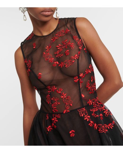 Simone Rocha Black Floral Embroidered Tulle Midi Dress