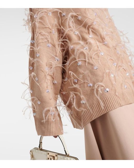 Valentino Natural Verzierter Pullover aus Schurwolle mit Federn