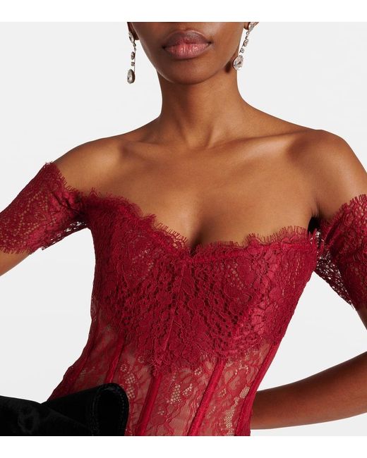 Rasario Corset Off-shoulder Lace And Satin Gown in Red