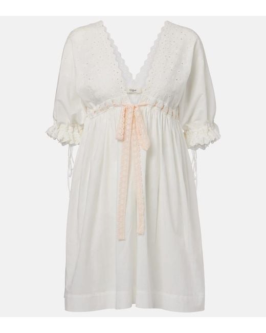 Vestido Corto En Mezcla De Algodon Con Bordado Ingles Chloé de color White