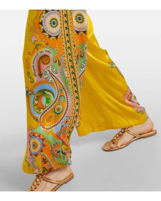 ALÉMAIS Yellow Pinball Printed Silk Wide-Leg Pants