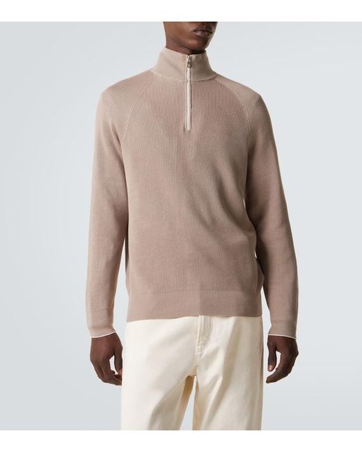 Brunello Cucinelli Brown Cotton Half-Zip Sweater for men