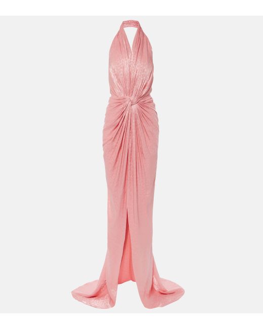 Costarellos Pink Joa Draped Metallic Georgette Gown