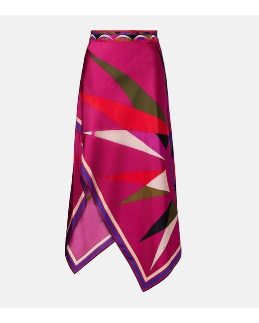 Falda Midi Asimetrica Hawaii De Saten De Seda Emilio Pucci de color Pink