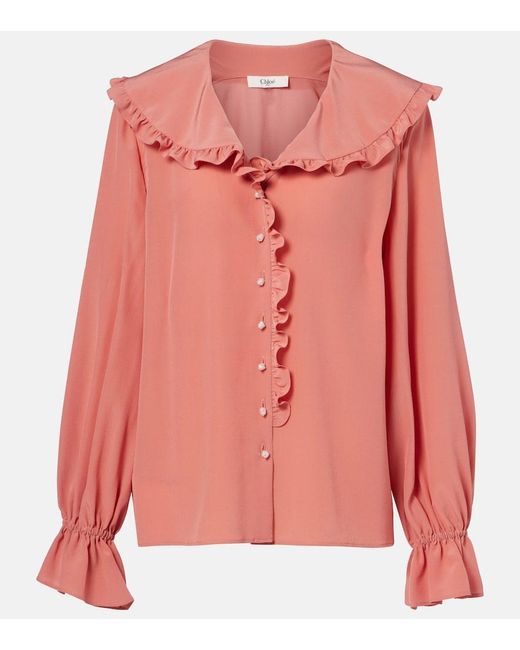 Chloé Pink Ruffled Silk Crepe De Chine Blouse