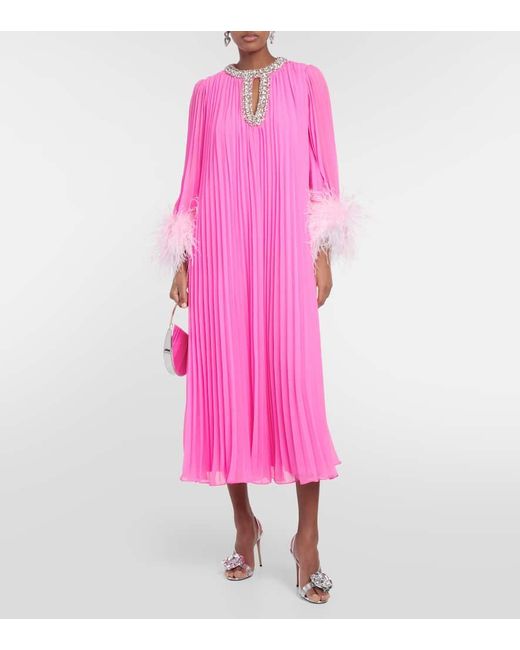 Self-Portrait Pink Feather-trimmed Chiffon Midi Dress