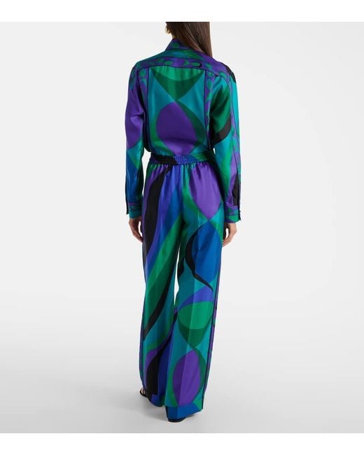 Emilio Pucci Blue Printed Silk Wide-Leg Pants