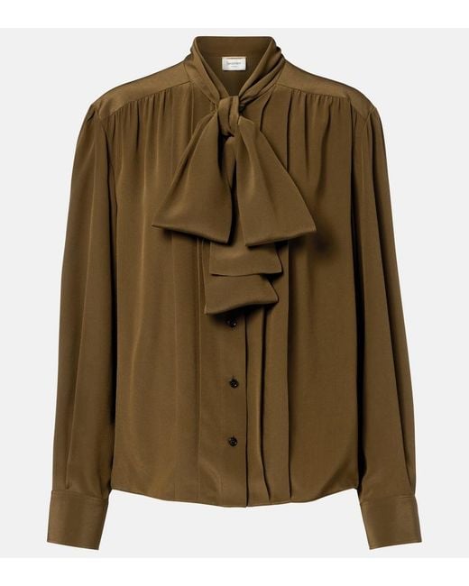 Saint Laurent Green Tie-Neck Silk Crepe De Chine Blouse